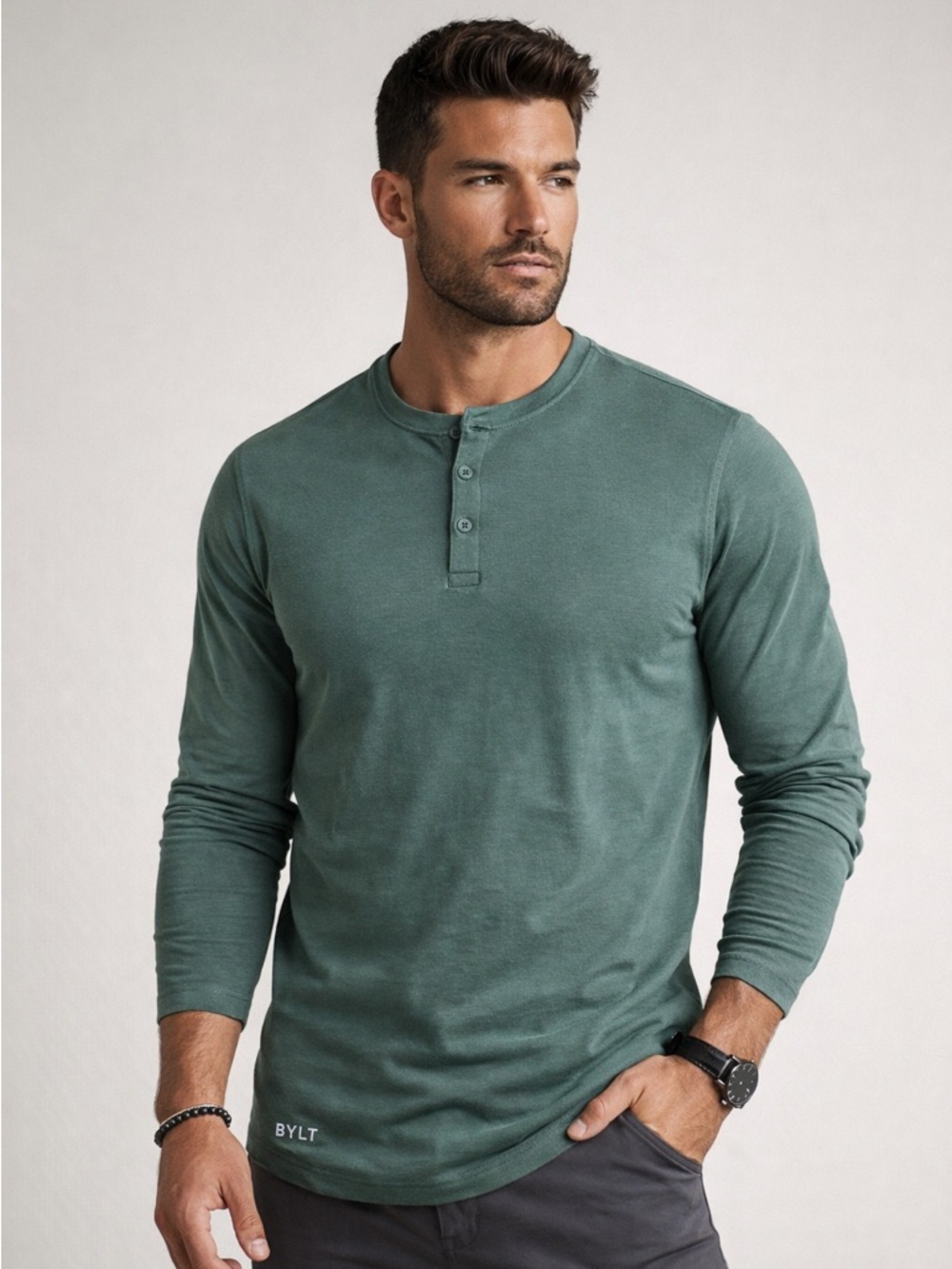 Bylt men’s drop cut long sleeve Henley Bylt blend size large green button neck